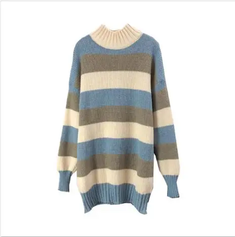 

Women's Casual Striped Color Block Knit Sweater Lantern Sleeve Loose Pullover Sweater