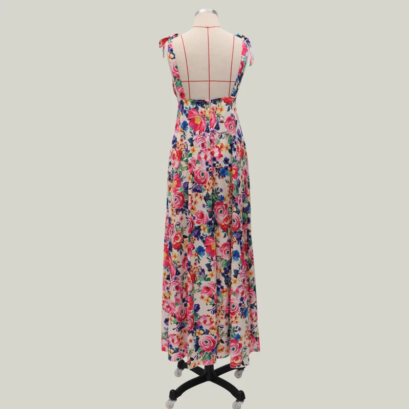 SKMY Women Dresses Summer 2024 New Sexy Deep V-Neck Sleeveless Backless Flowers Print Evening Party Long Floral Dress Bohemian