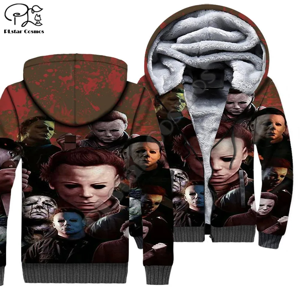 PLstar Cosmos Michael Myers Halloween Pakaian Musim Dingin Gambar Cetak 3D Jaket Hoodie Bulu Pria Ritsleting Mantel Tebal Tudung Hangat Kasual M-1