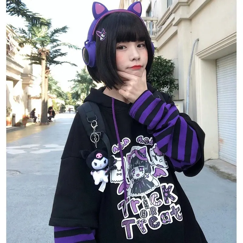 Autumn Kawaii Clothes Women Lolita Anime Cartoon Long Sleeve Hoodies Harajuku Egirl Hooded Sweatshirt Emo Grunge Tee Top Alt Y2K