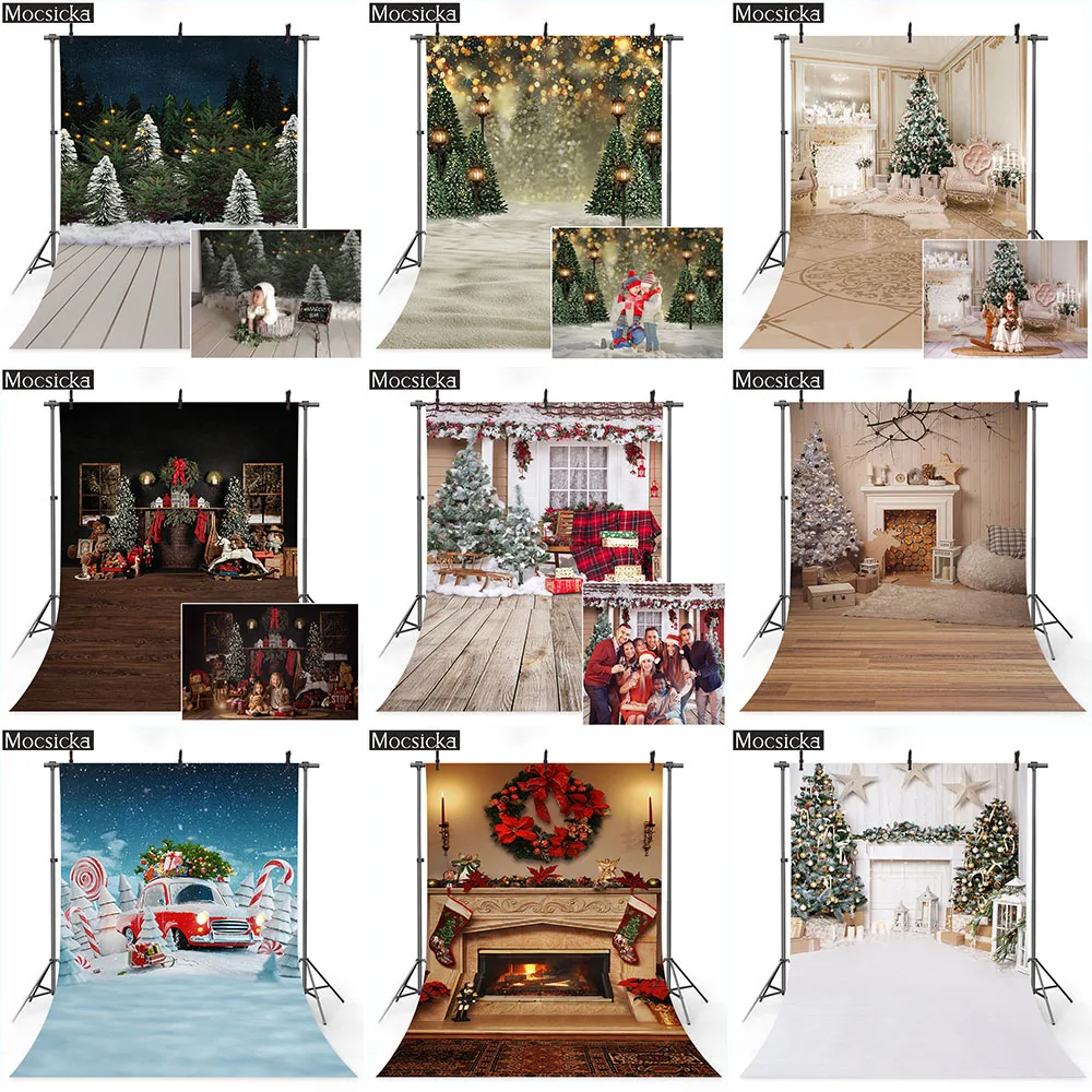 Mùa Đông Giáng Sinh Phông Nền Cửa Sổ Lò Sưởi Sinh Nhật Chân Dung Nền Cây Thông Xanh Vòng Hoa Photocall Studio Ảnh Đạo Cụ