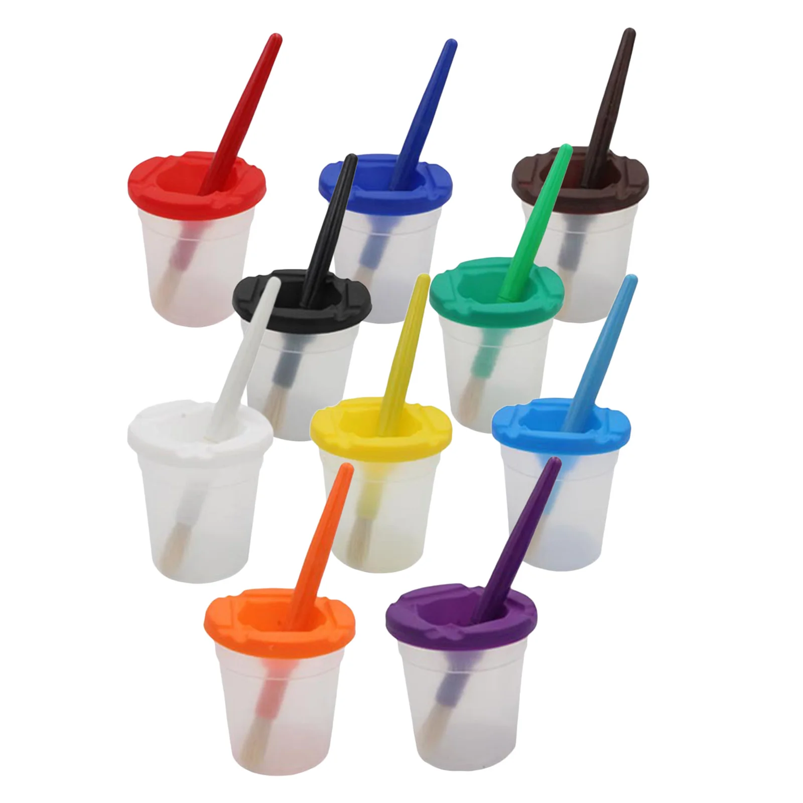 

5pcs Spill Proof Paint Cups and 5pcs with Lids Round Paint Brushes for Kids Children's Paintbrushes