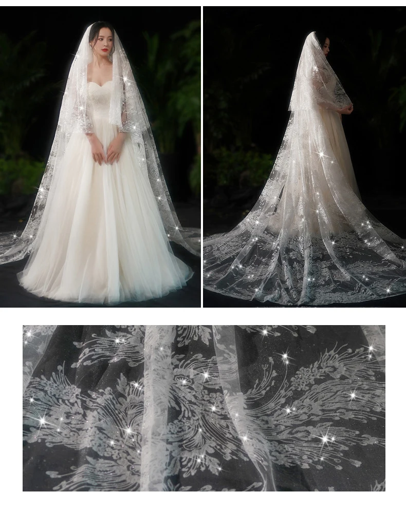 Wholesale Tow-layer  Glitter Lace  Veils Bridal  Veil 3M long For  Wedding Dress Veil