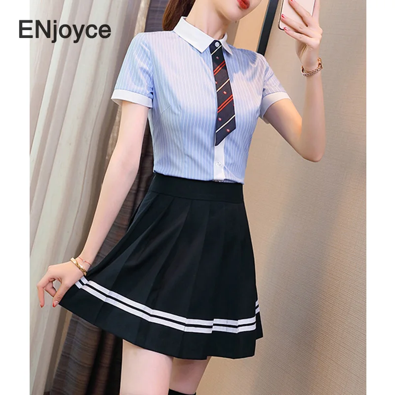 

Summer Women Vintage Striped Short Sleeve Shirt and Pleated Skirt Two Pieces Set Office Ladies Professional Suit College Style