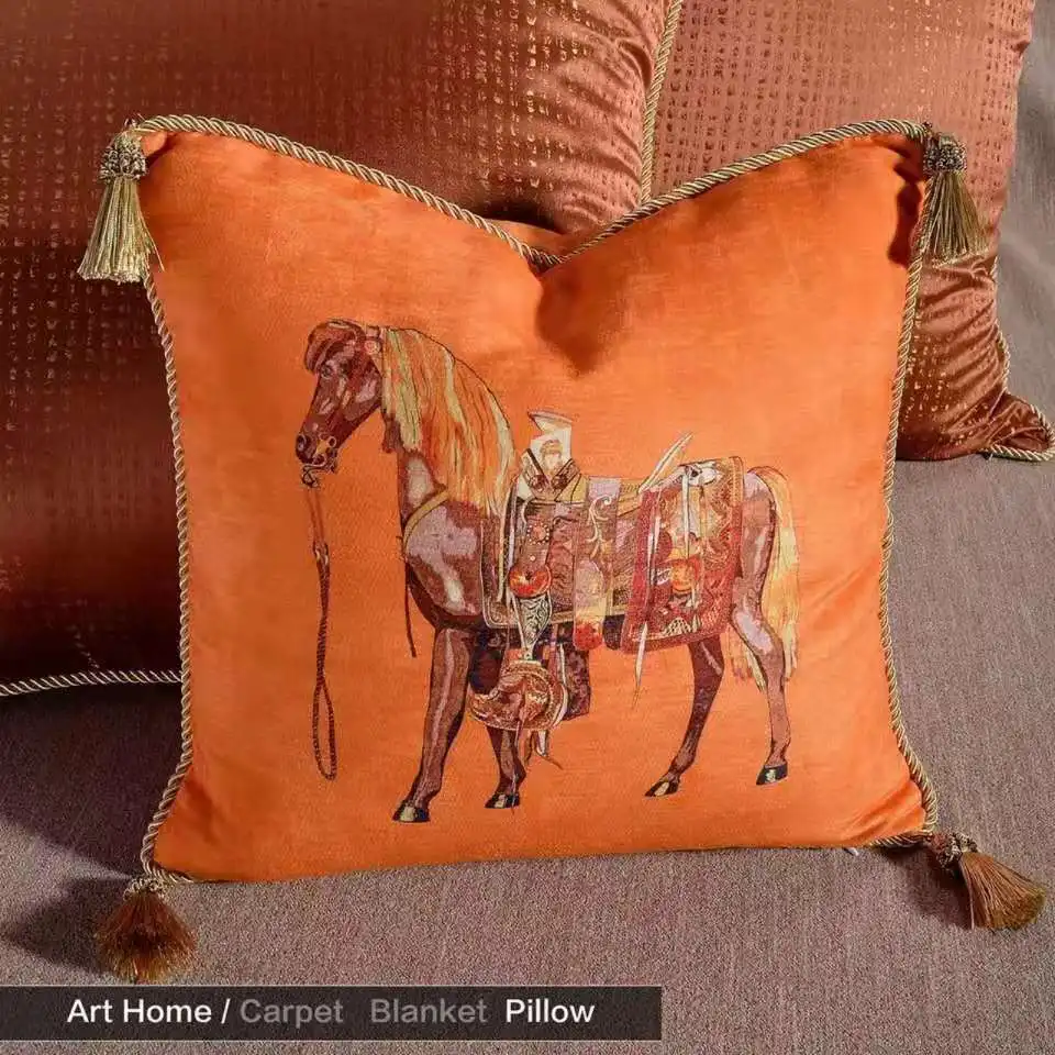 LISM Cushion cover French Horse Orange Velvet Chenille European Design Tassels Pillowcases Home Sofa Villa Palace Decor