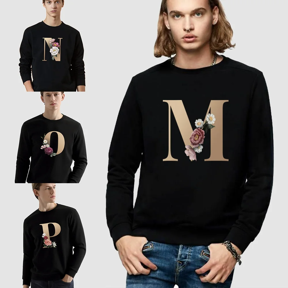 Men's Long-sleeved Sweatshirt Pullover 26 Initial Name Letter Pattern Printing Series O-neck Casual Commuter Warm Autumn Hoodie