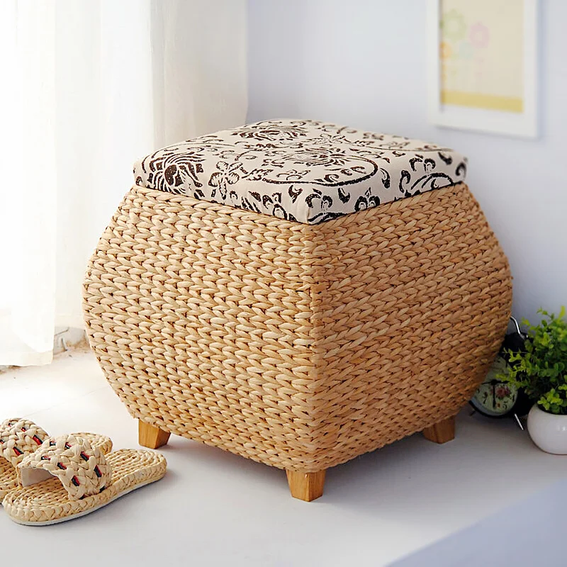 Rattan Woven Storage Stool with Cover, Hallway Bench Pouf, Wooden Chair, Shoe Changing Stool, Kitchen Stools, Storage Box