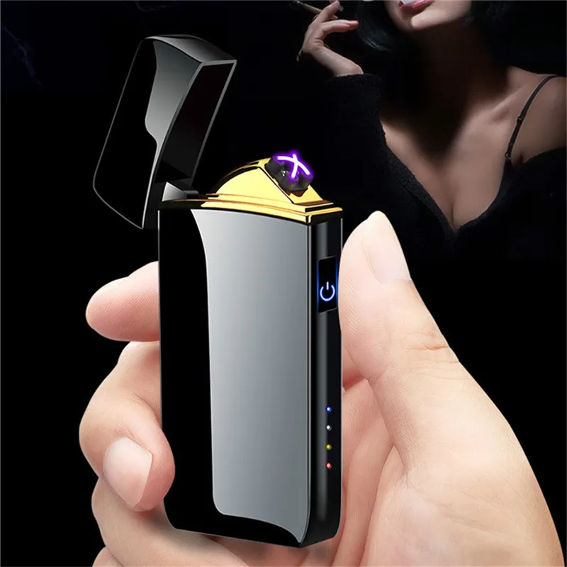 New USB Lighter Windproof Double Arc Plasma Flameless Touch Induction Rechargeable Lighter LED Power Indicator Gift for Men