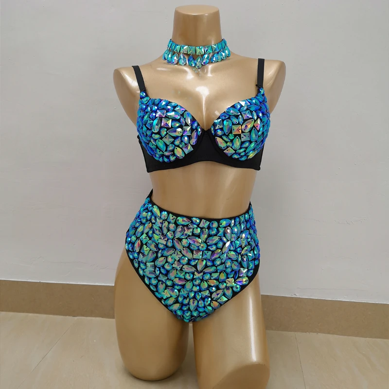 Sparkly Samba Carnival Bra High เอวกางเกง AB สีหินมือ3ชิ้น Sexy Belly Dance เครื่องแต่งกายเวทีแสดงสาวร้อนสวมใส่