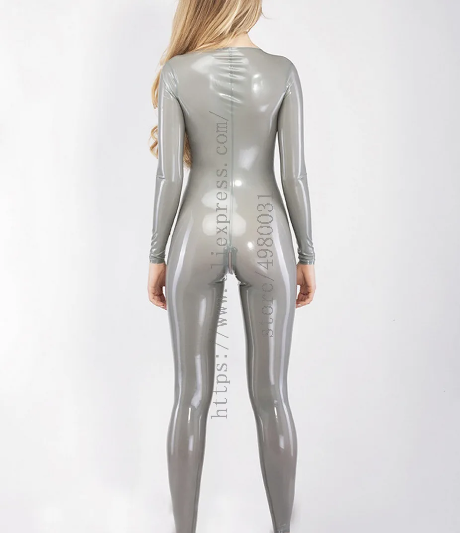 Women's sexy silver latex bondage in Zentai with crotch zip decorations what is made of 0.4mm natural & flexible latex materials