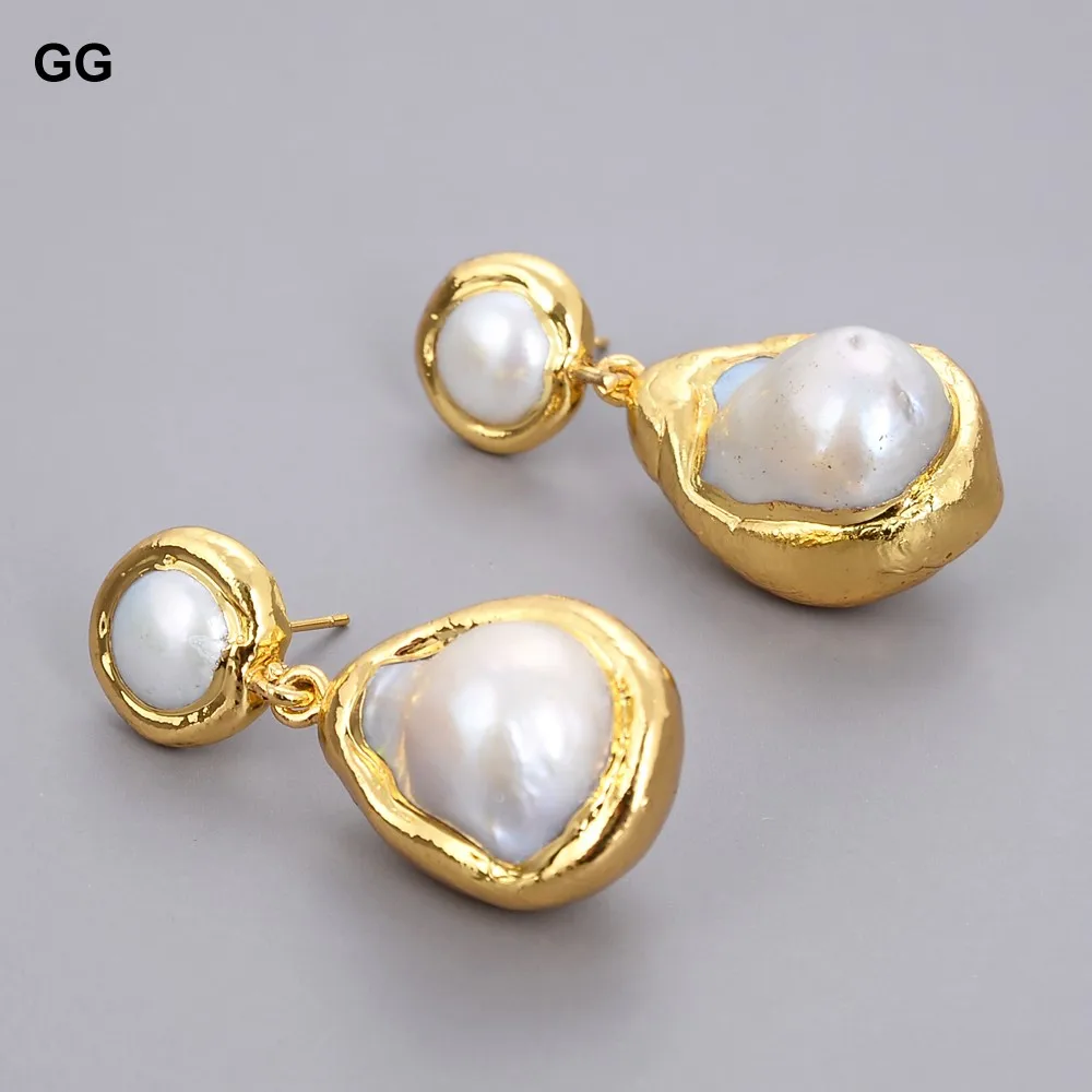 

White Keshi Pearl Gold color Plated Stud Earrings Nucleated Flameball Baroque Pearl earrings luxury wedding for women
