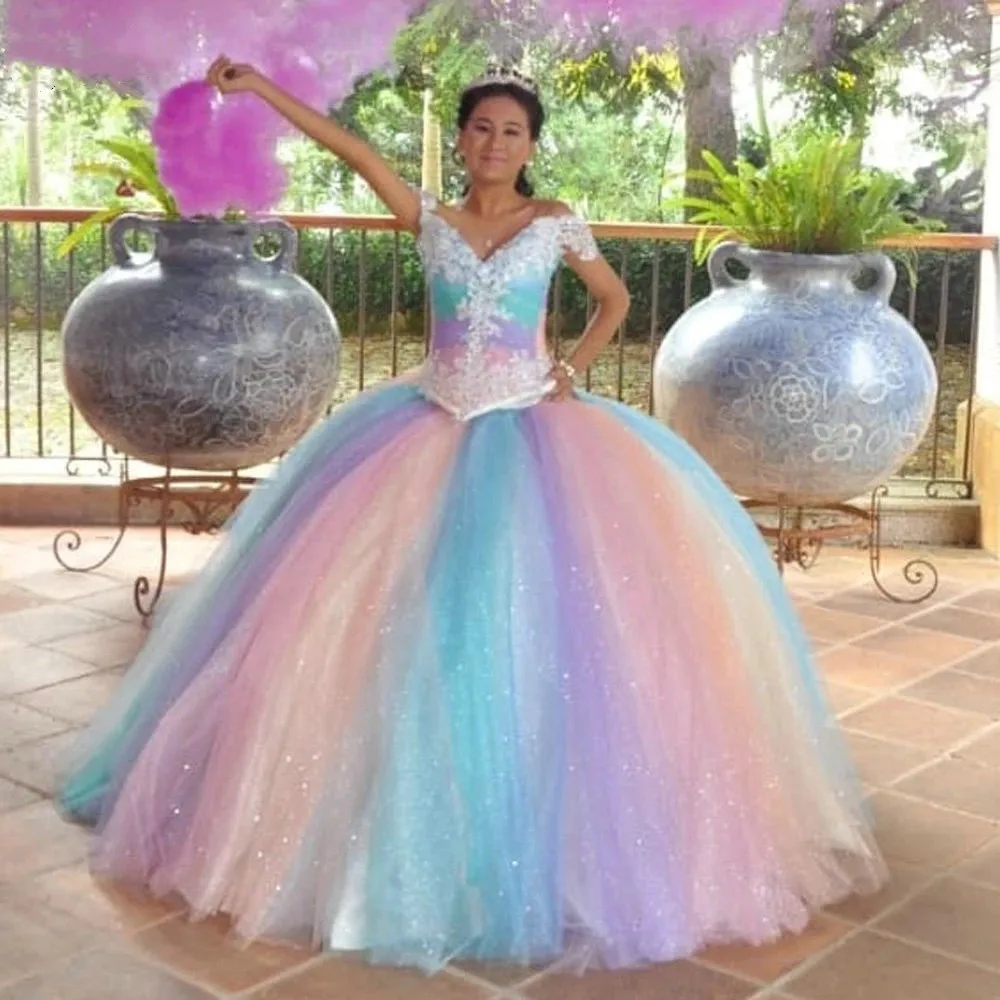 Rainbow Sparkly Tulle Off The Shoulder Ball Gown Quinceanera Dress Appliques Lace Sweet 16 Prom Party Dress Vestidos De 15 Años