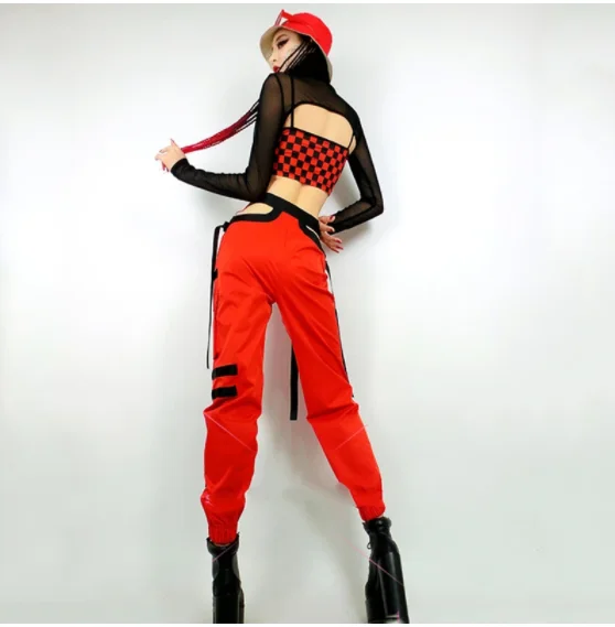 Modern Jazz Dance Costumes Women Red Plaid Vest Hollow Pants Adult Hip Hop Clothes Fashion Gogo Outfits Dj Show Costume