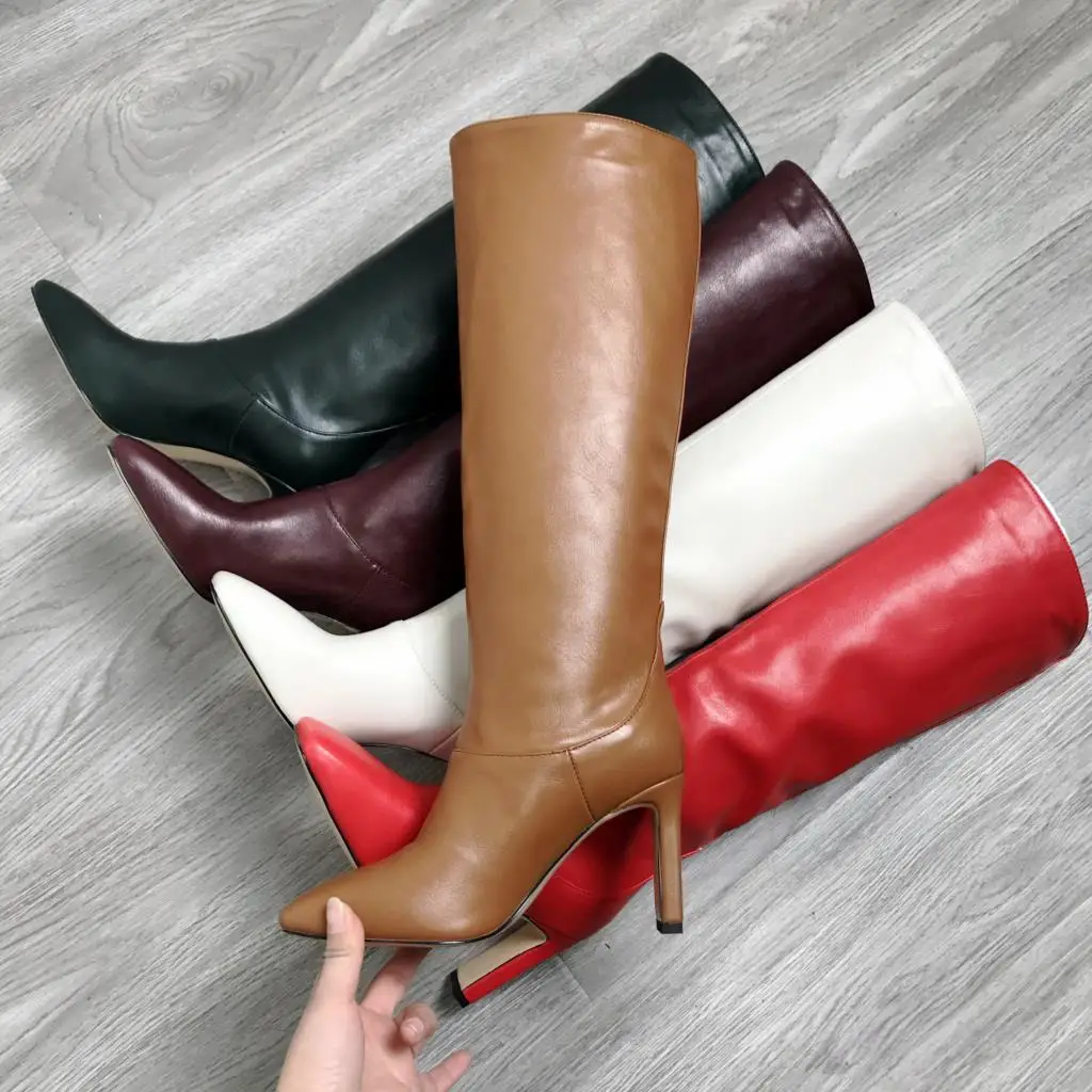 Band Designer Faux Leather Women Knee High Boots Square Toe Boots Women Long Thin Block High Heel Boots Black Beige Yellow Green