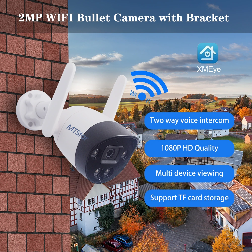 Caméra de surveillance Bullet Wifi sans fil, dispositif de sécurité Onvif P2P, Audio bidirectionnel, carte TF, 1080P, avec support, 2.0MP