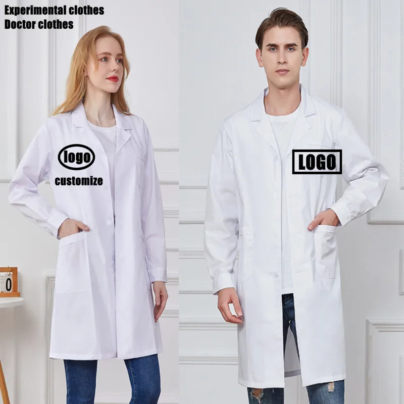 Uniformes d'hôpital personnalisés de laboratoire pour hommes et femmes, vêtements de pharmacie, manteau blanc, spa, salon de beauté, logo long imprimé, styles pour hommes et femmes