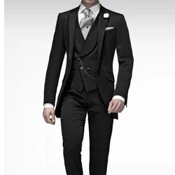 Smoking de mariage formel noir pour marié, coupe couvertes, olympiques 3 pièces pour hommes, gilet à double boutonnage, gilet masculin imbibé, veste, vernis, pantalon