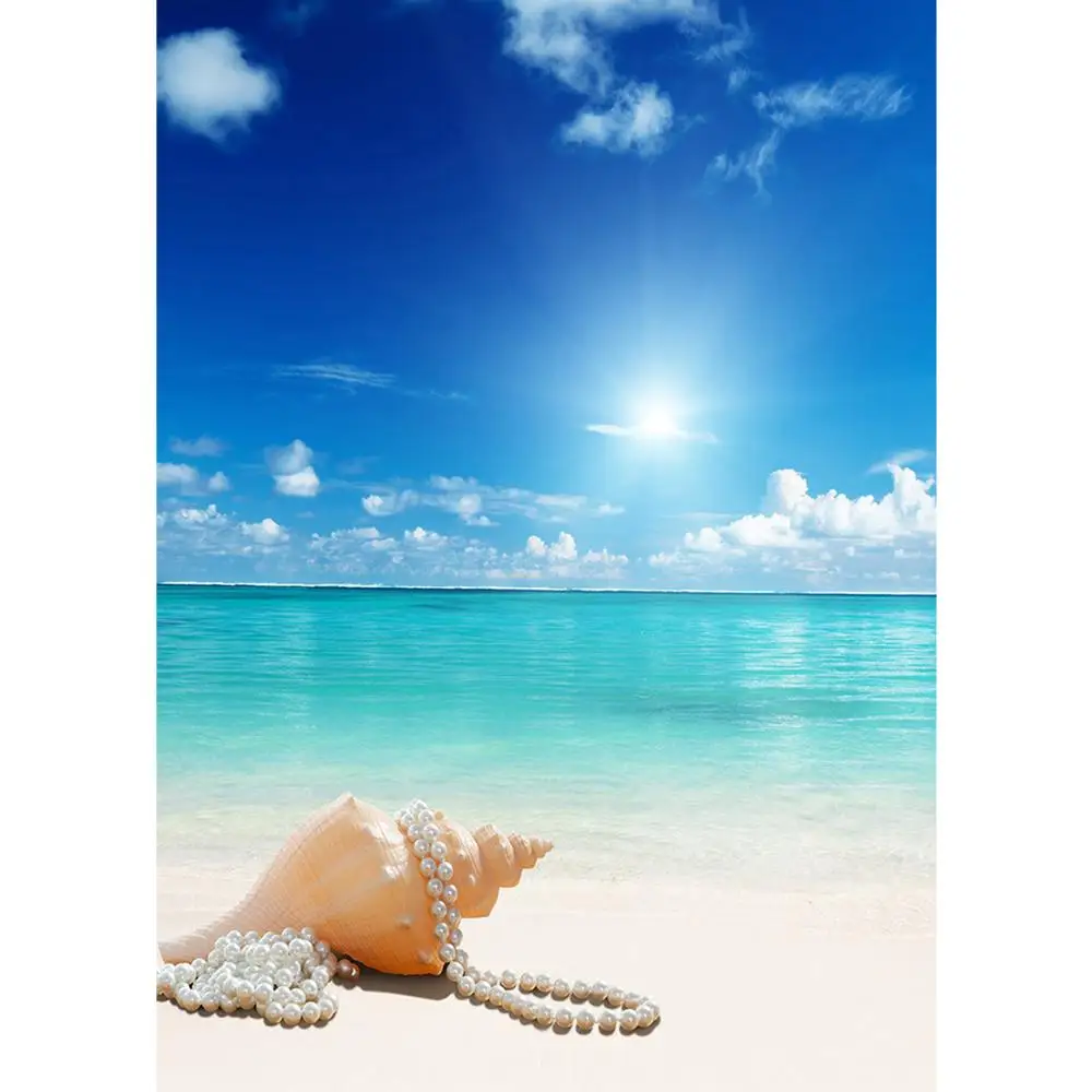 Sandy Beach Sea Seaside Shell Sun Blue Sky Scenery Backdrop Vinyl Cloth Photography Background Child Portrait Photo Studio Props