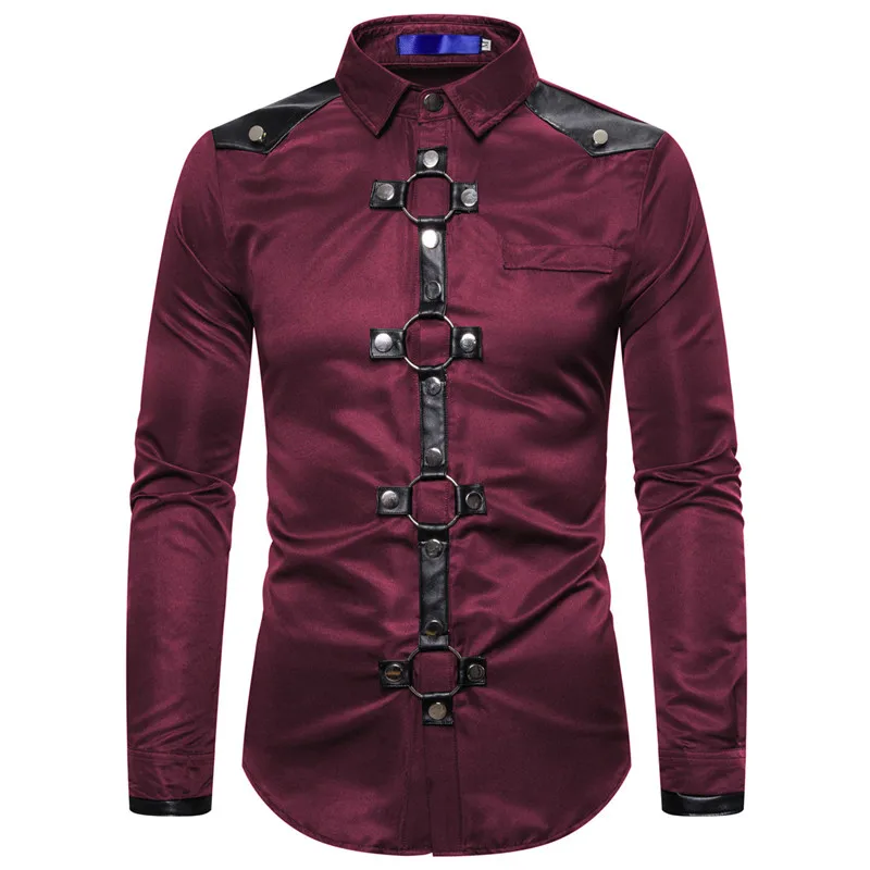 Men New Goth Style Rivet Solid Color Cargo Shirt Slim Fit  Party Singer Stage Streetwear For Men Clothing