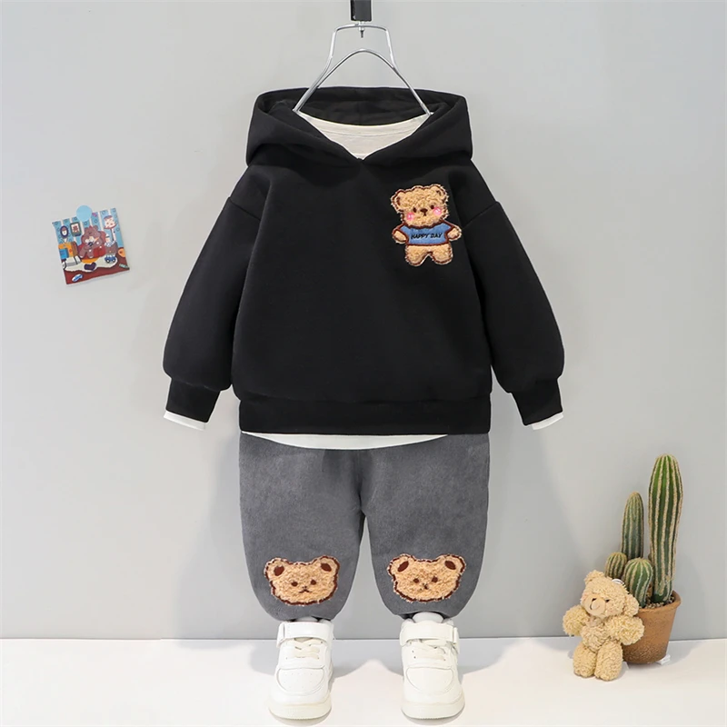 Children Warm Plush Sweater Pants Autumn Winter Cartoon Baby Girls Clothing Sets Infant Newborn Clothes Kids Hooded Sportswear