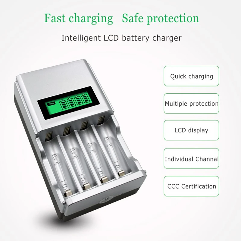 Hot quality 4 Slots LCD Display Smart Intelligent Battery Charger for AA / AAA NiCd NiMh Rechargeable Batteries EU Plug#8175