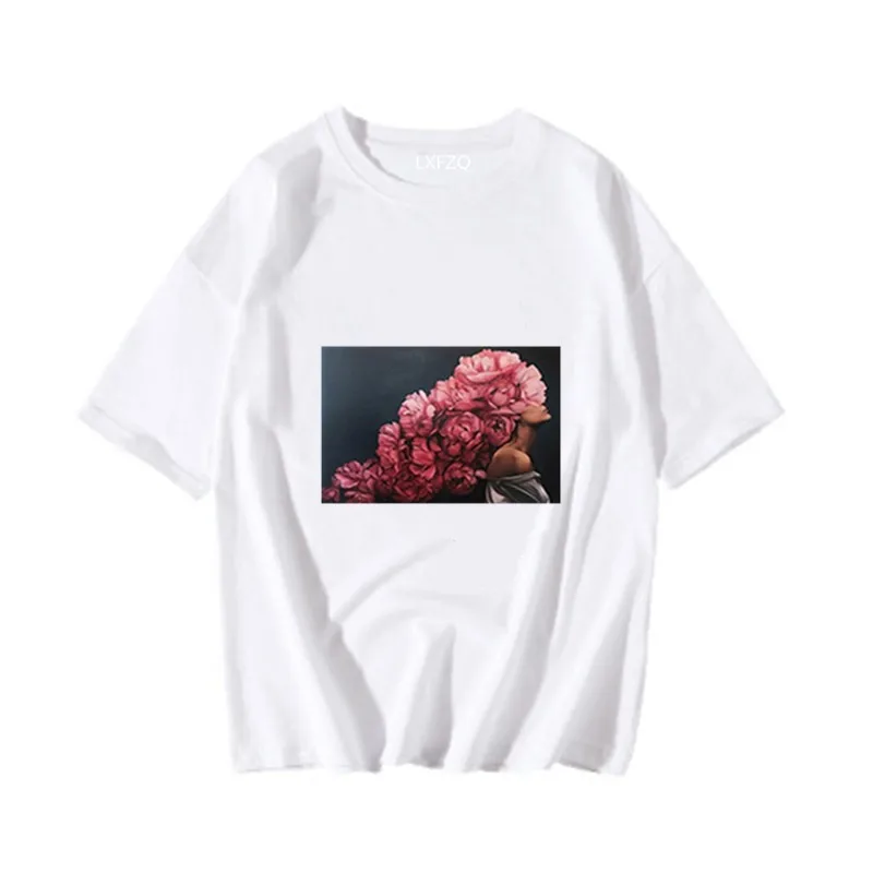 Harajuku Aesthetic Feather Flowers Printing T-shirt Fashion Women's T Shirts O Neck Short Sleeve Tee Shirt Casual Women Clothing