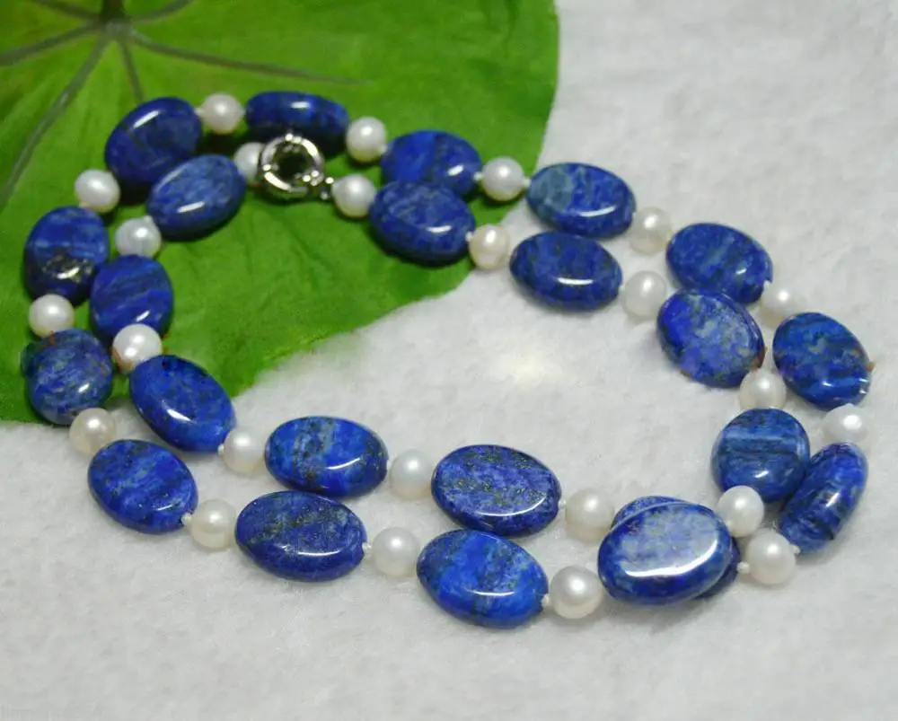 Natural 13x18mm Oval Blue Lapis Lazuli & Real Freshwater White Pearl Necklaces 18''