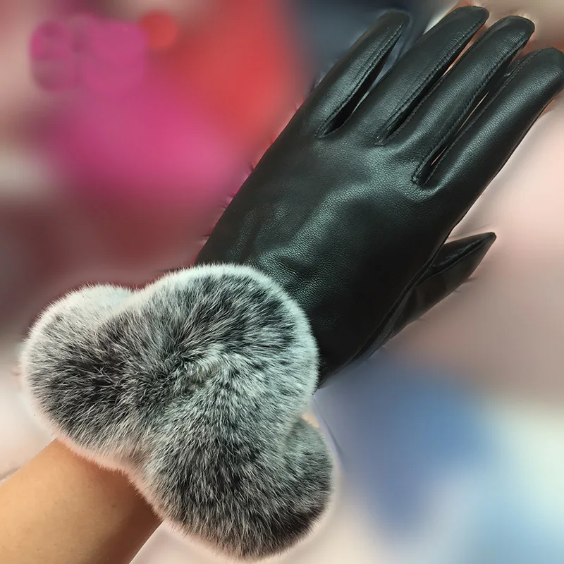 

2022 Women's Genuine Leather Gloves 100% Real Rex Rabbit Fur Trims Genuine Sheepskin Mittens Autumn Winter Cuffs Fashion Warm