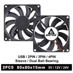 2PCS Gdstime 80x80x15mm 5V 12V 24V Ball/Sleeve USB 2PIN 3PIN 4PIN 80mm 8cm 8015 Brushless CPU PC Laptop Case Cooling Cooler Fan