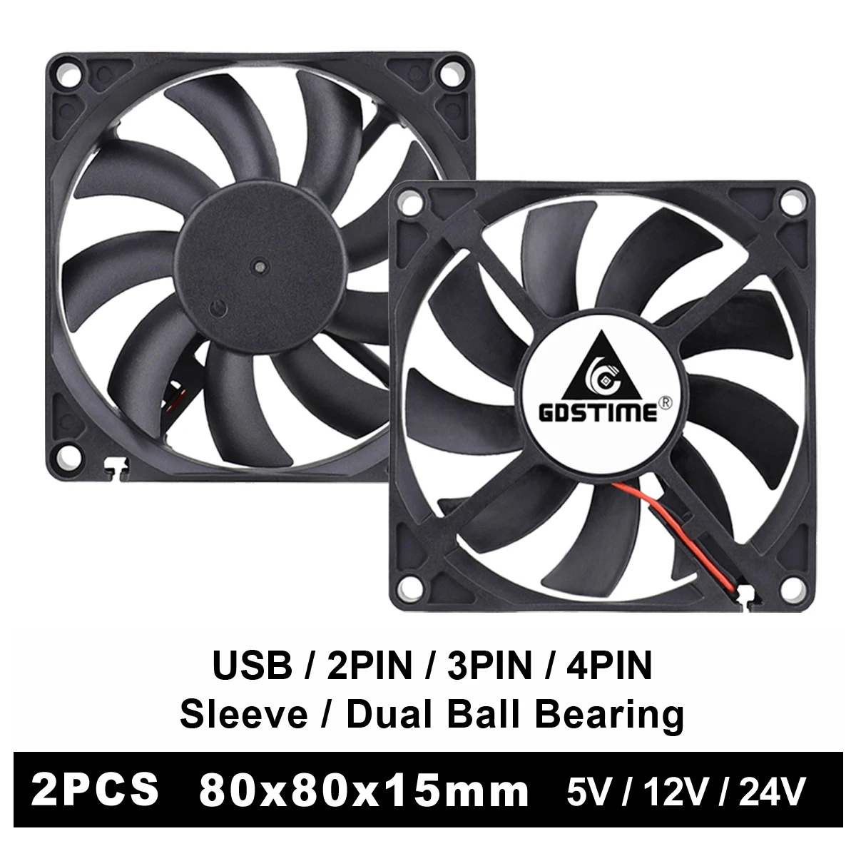 2PCS Gdstime 80x80x15mm 5V 12V 24V Ball/Sleeve USB 2PIN 3PIN 4PIN 80mm 8cm 8015 Brushless CPU PC Laptop Case Cooling Cooler Fan