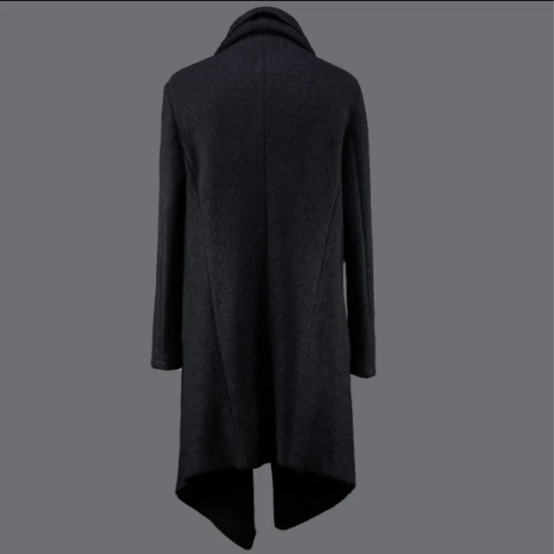 Warm Gothic Trench Coat Street Style Irregular Medium-Long Woolen Coat Men Autumn Winter Warm Black Casual Overcoat Plus Size