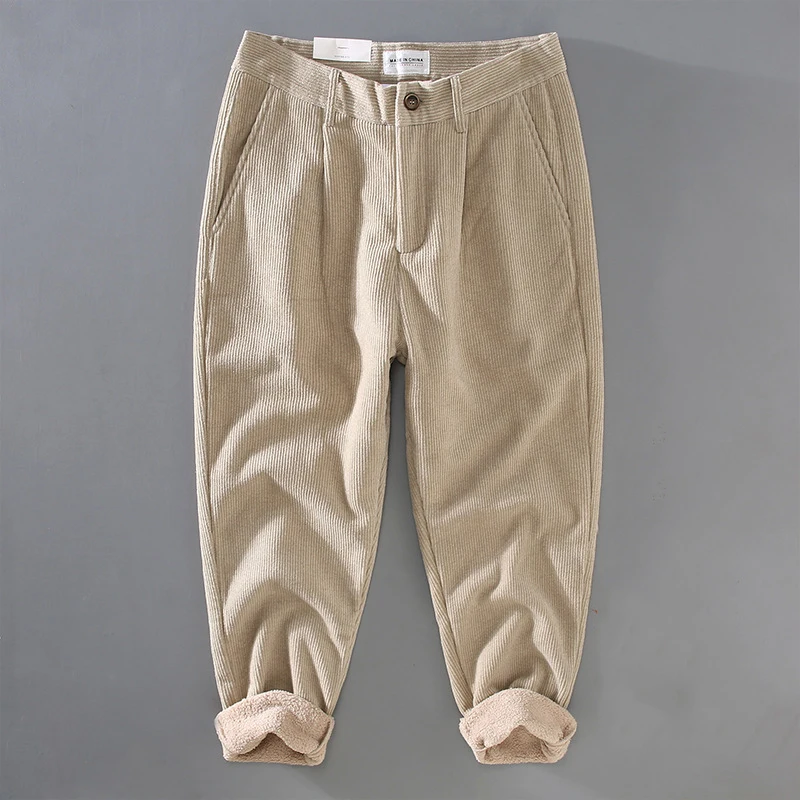 GA020 Winter Men Straight Corduroy Pants Thicken Keep Warm Imitate Lamb Fleece High Quality Daily Solid Color Simple Trousers