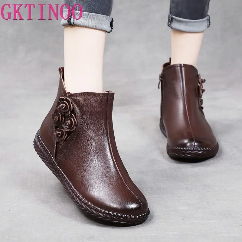 GKTINOO 2024 Genuine Leather Winter Boots Women Warm Plush Low Heel Fashion Flower Comfortable Flat Ankle Boots For Women Soft