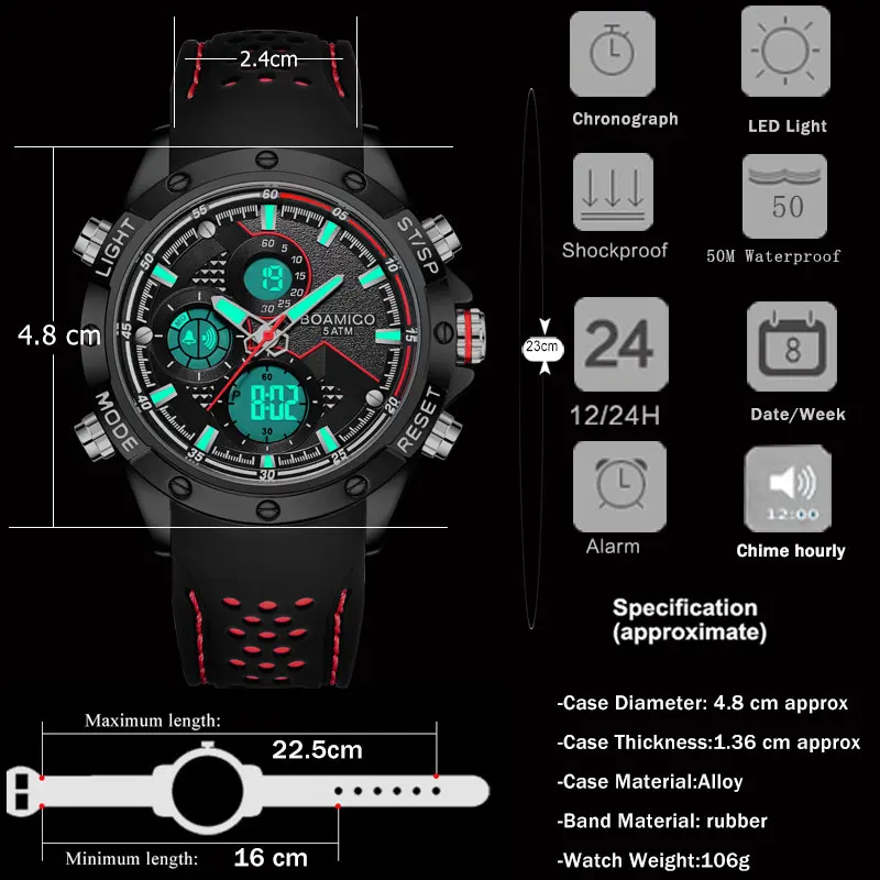 BOAMIGO Men Watches  Relogio Masculino NEW Brand Luxury Military Digital Quartz rubber Waterproof Sport Chronograph Wrist Watch