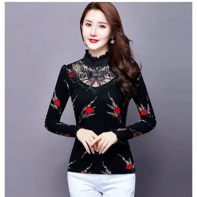 2020 Autumn Winter Women Thick Lace Fleece Print Tops Female Hollow Out Bottoming Shirt & Blouse Feminina Blusa Plus 5XL Black