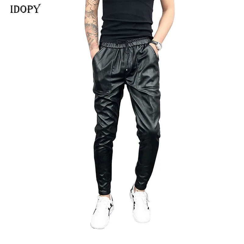 Idopy New Arrival Autumn Winter Mens Korean Hip Hop Faux Leather Harem Pants Drawstring Elastic Waist PU Leather Joggers