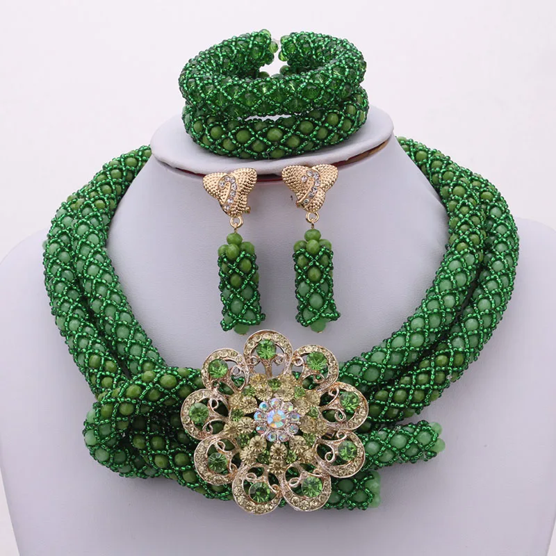 4UJewelry Green Jewelry Sets For Women African Nigerian Beads Necklace Jewelry Set Handmade Beaded 2023 3 Pcs