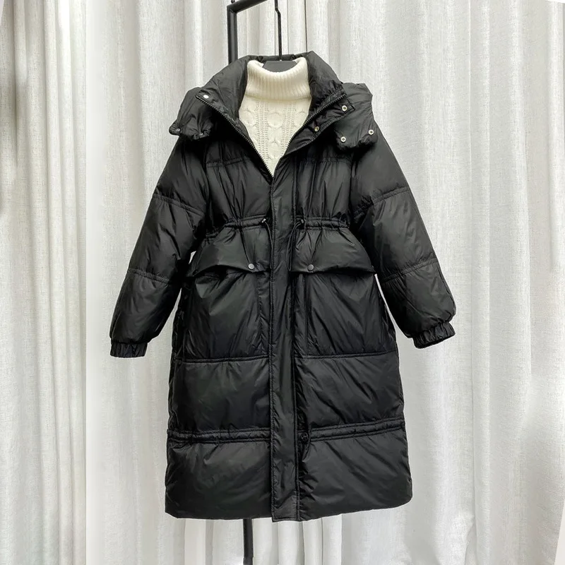 Lose Mit Kapuze Unten Jacke Frauen Mode Einfarbig Große Tasche Winter Mantel Koreanische Version Kordelzug Dicke Weiße Ente Unten Jacke