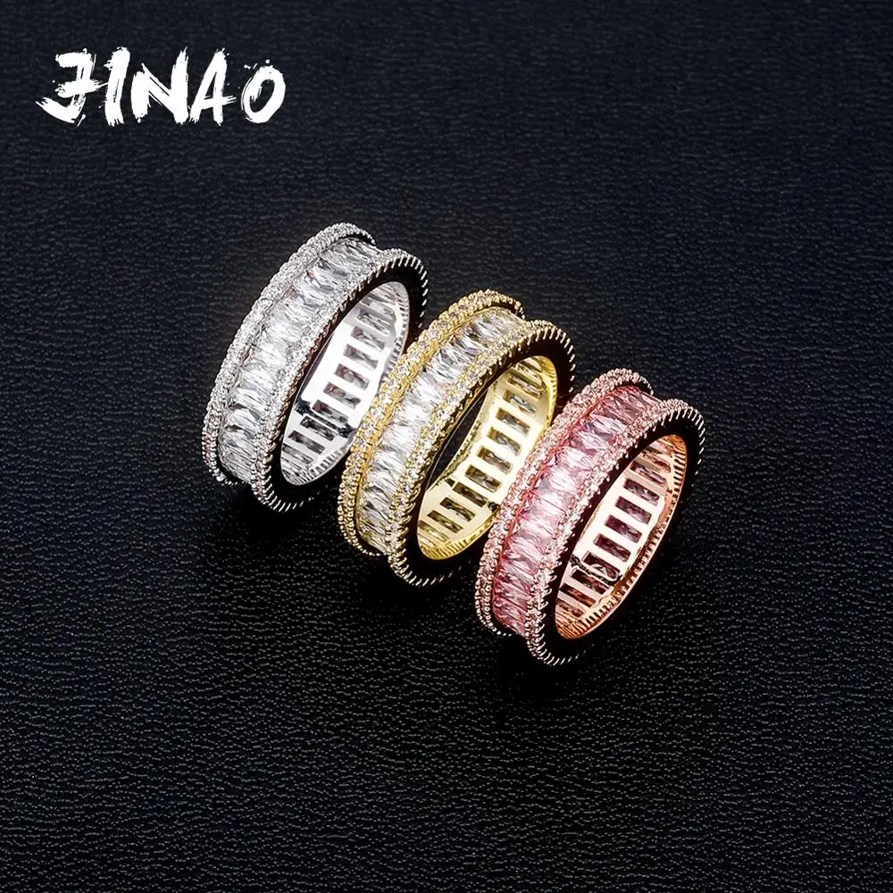 JINAO New Square Cubic Zirconia Stones Rings Iced Out Micro Pave Cool Men Women Couple Gold Color Rings Hip Hop Jewelry Gift