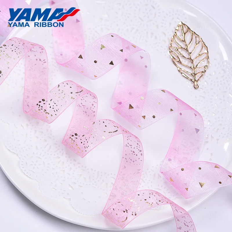 YAMA-Pink Series Satin Ribbon, Gold Foil Printed, Organza Ribbons, Wedding Gift, DIY Decoration, Craft Supplies, 10Yards/Roll