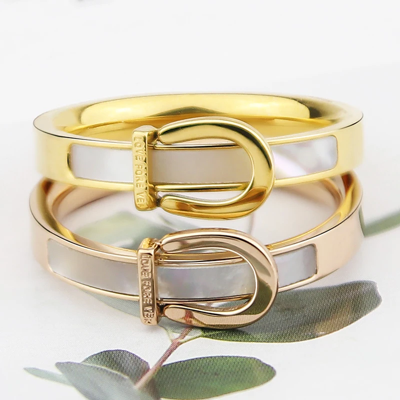 Unique Design Titanium Steel Strap Shape White Shell Ring For Women Love Gift Gold Color Jewelry Wholesale