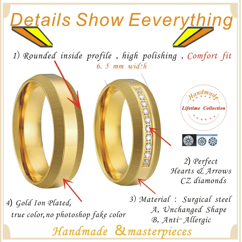 الحب التحالف عالية الجودة 1 زوج زوجين خواتم الزفاف مجموعة للرجال والنساء الغربية 18k مطلية بالذهب مجوهرات مصنوعة من التيتانيوم الزواج
