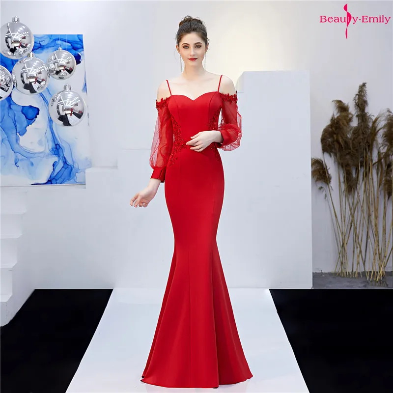 

Beauty-Emily Sling Lace Evening Dresses Long Mermaid Gowns 2021 Full Sleeve Hollow Floral Formal Party Dress Vestido de noche