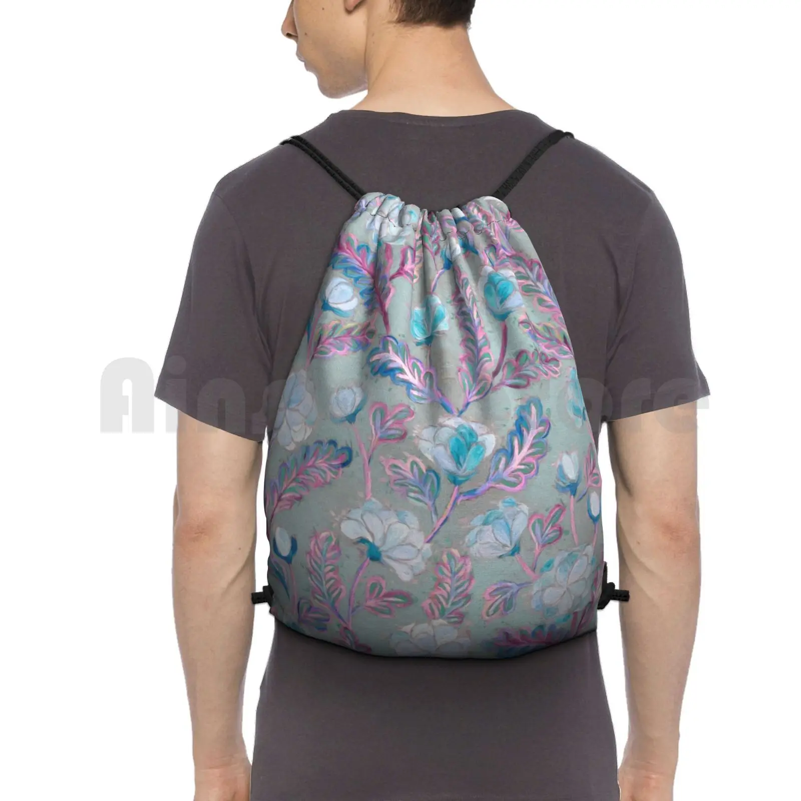 Soft Smudgy Blue And Purple Floral Pattern Backpack Drawstring Bags Gym Bag Waterproof Floral Summer Flowers Leaves Leaf