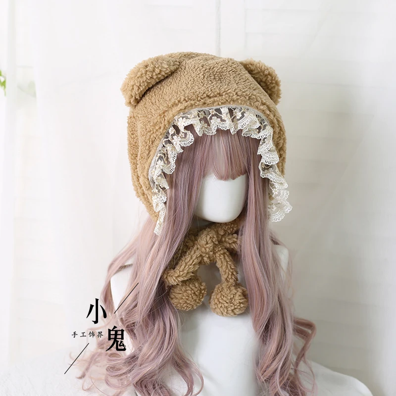 Soft Girl Lovely Lace Trim Lolita Daily Little Bear Ear Plush Warm Hat Harajuku Thicken Earmuffs Winter INS Bandage Fashion Cap