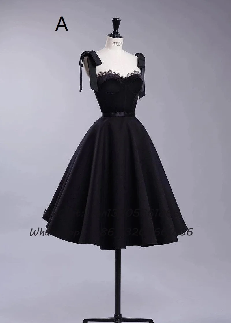 Preto Chá Comprimento Dama Vestidos Borda do laço Querida Pescoço Bowknot Vestido De Festa De Casamento Top De Veludo E Saia De Cetim Vestido De Baile