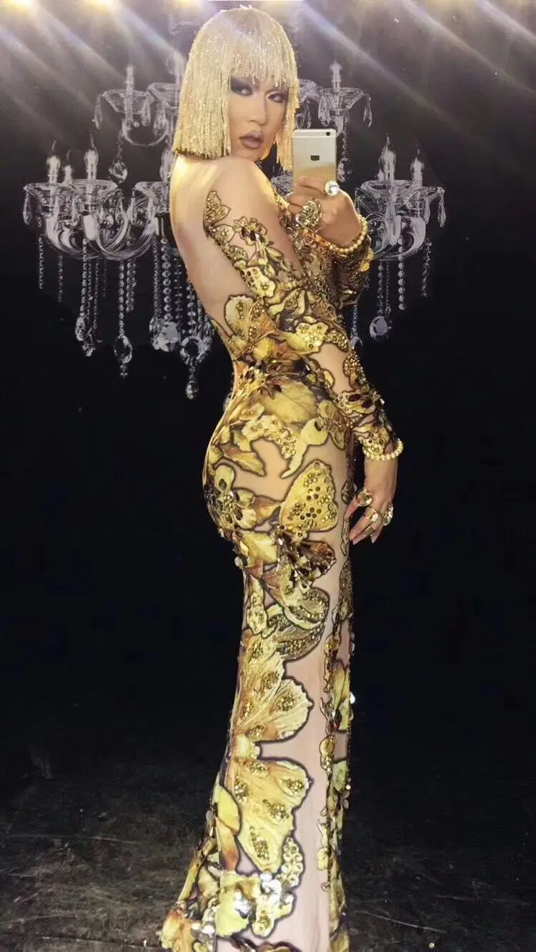 Sexy Skinny Gold Rhinestones Rompers woman Singer Dancer Big Pants Costume One-piece Bodysuit Nightclub Party Jumpsuit