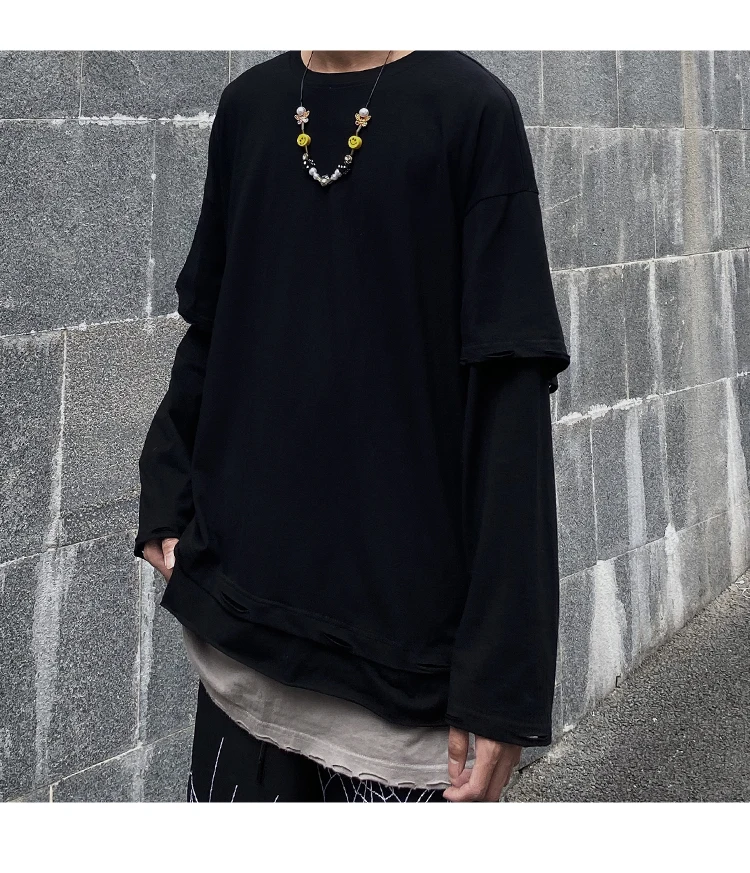

tide brand hip-hop solid color wild long-sleeved T-shirt pure cotton bottoming shirt fake two pieces stitching loose round n