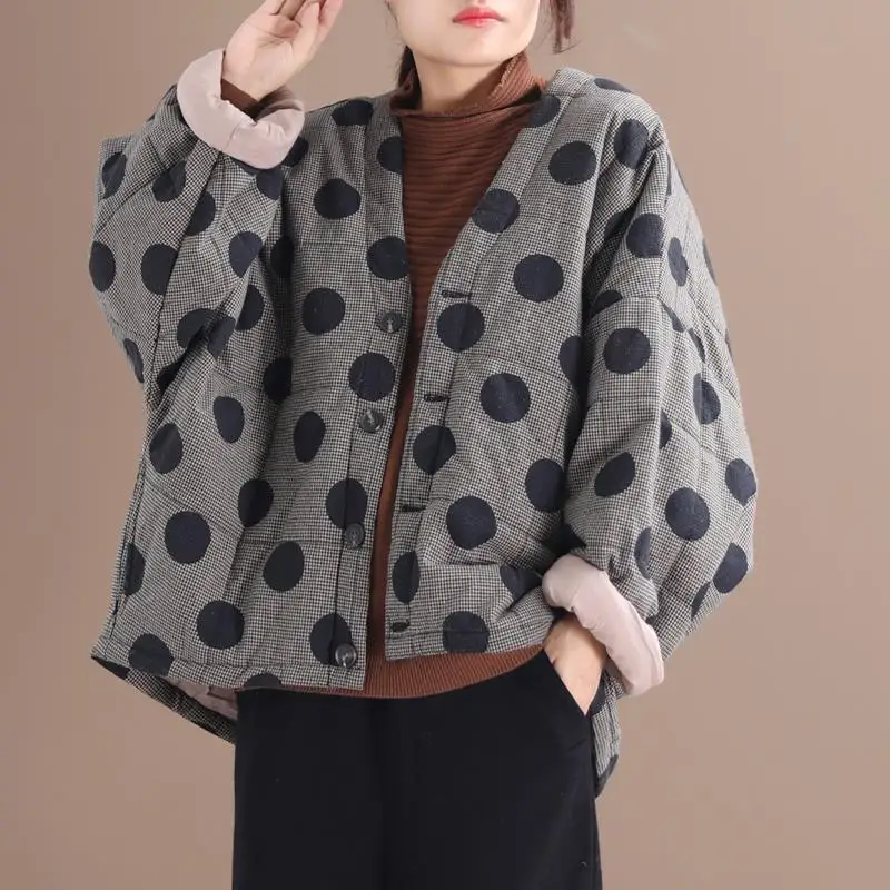 New 2024 Chinses Designer Women Warm Ladies Loose Dot Winter Jackets Female Printed Padded Vintage Streetwear Plus Size