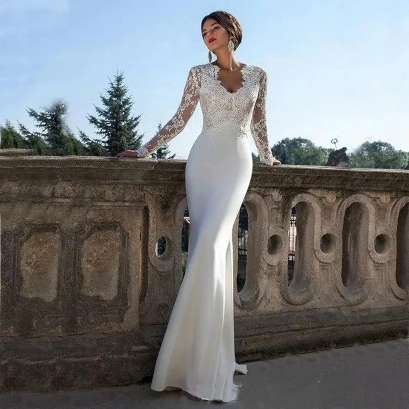 Abiti da sposa a sirena a maniche lunghe in pizzo Sexy con applicazioni in raso elastico del treno abito da sposa per donna abito bianco De Mariee